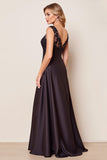 Black Satin Ruffled Long Mother of the Bride Dress with Lace