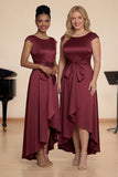 Burgundy Satin A Line Boat Neck Choir Dress with Bow