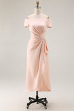 Apricot Off The Shoulder Ruched Sheath Mother Of The Bride Dress with Ruffle Slit