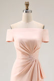 Apricot Off The Shoulder Ruched Sheath Mother Of The Bride Dress with Ruffle Slit