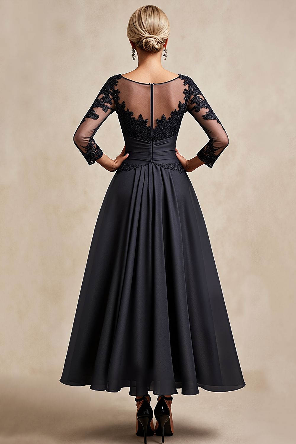 black lace tea length wedding dress A-Line Black Tea Length Wedding Dress Scoop Long Sleeve Button Illusion Back With Appliques Lace Pleats Sash/Ribbon