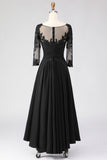 Black A Line Tea Length 3/4 Sleeve Mother of the Bride Dress with Appliques