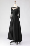Black A Line Tea Length 3/4 Sleeve Mother of the Bride Dress with Appliques