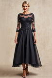 Black A Line 3/4 Sleeve Tea Length Mother of the Bride Dress with Appliques