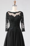 Black A Line Tea Length 3/4 Sleeve Mother of the Bride Dress with Appliques