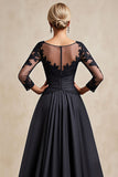 Black A Line 3/4 Sleeve Tea Length Mother of the Bride Dress with Appliques