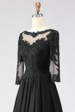 Black A Line Tea Length 3/4 Sleeve Mother of the Bride Dress with Appliques