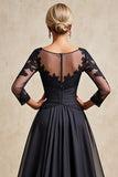 Black A Line 3/4 Sleeve Tea Length Mother of the Bride Dress with Appliques