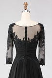 Black A Line Tea Length 3/4 Sleeve Mother of the Bride Dress with Appliques