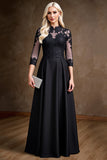 Black Satin A Line Mother of the Bride Dress with Lace Appliques