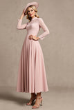 High Neck Long Sleeve Candy Pink Mother of the Bride Dress with Appliques