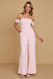 Off The Shoulder Candy Pink Chiffon Bridesmaid Jumpsuit