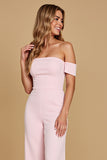 Off The Shoulder Candy Pink Chiffon Bridesmaid Jumpsuit