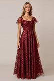 Cabernet A Line Applique Wedding Guest Dress with Short Sleeves