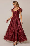Cabernet A Line Applique Wedding Guest Dress with Short Sleeves
