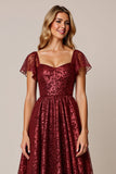 Cabernet A Line Applique Wedding Guest Dress with Short Sleeves