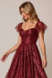 Cabernet A Line Applique Wedding Guest Dress with Short Sleeves