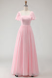 Candy Pink A Line Square Neck Chiffon Bridesmaid Dress