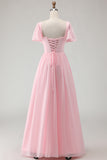 Candy Pink A Line Square Neck Chiffon Bridesmaid Dress