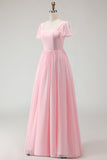 Candy Pink A Line Square Neck Chiffon Long Bridesmaid Dress