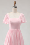 Candy Pink A Line Square Neck Chiffon Long Bridesmaid Dress