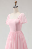 Candy Pink A Line Square Neck Chiffon Long Bridesmaid Dress