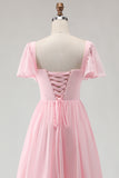 Candy Pink A Line Square Neck Chiffon Long Bridesmaid Dress