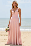 Blush V-Neck A Line Long Bridesmaid Dress