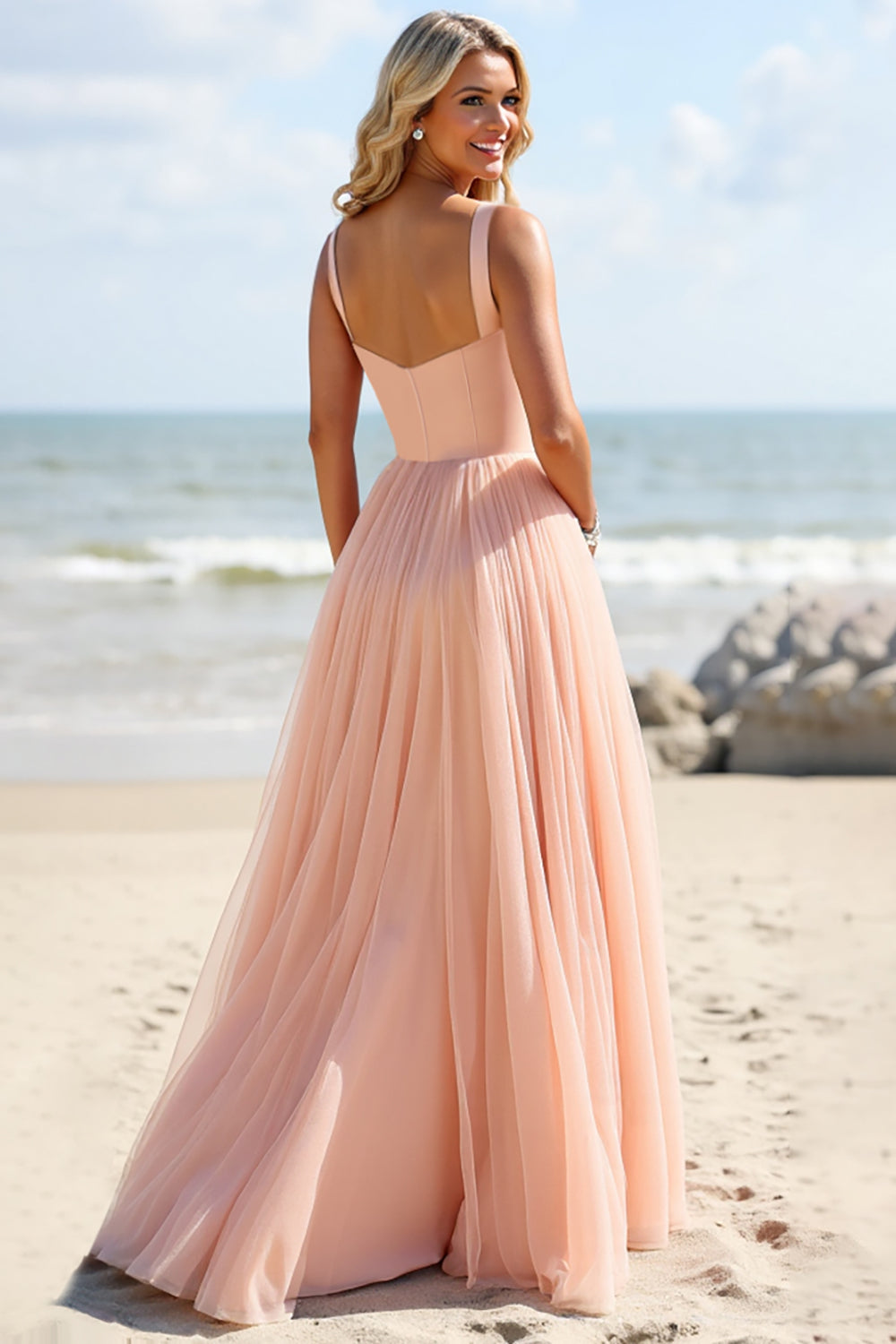 Blush Chiffon A Line Long Bridesmaid Dress
