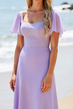 Lilac Satin Flutter Sleeves A Line Long Bridesmaid Dress with Beading