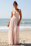 Candy Pink A Line Pleated Long Bridesmaid Dress with Slit