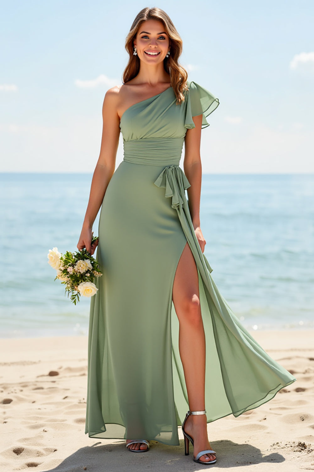 one shoulder sage bridesmaid dresses Azazie Brooke