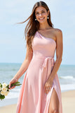 One Shoulder Candy Pink A Line Bridesmaid Dress With Slit