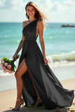 One Shoulder Ruched A Line Green Bridesmaid Dress With Slit