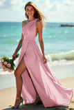 One Shoulder Ruched A Line Green Bridesmaid Dress With Slit