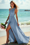 One Shoulder Ruched A Line Green Bridesmaid Dress With Slit