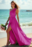 One Shoulder Ruched A Line Green Bridesmaid Dress With Slit