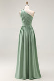 Green A Line One Shoulder Ruched Bridesmaid Dress with Slit