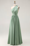 Green A Line One Shoulder Ruched Bridesmaid Dress with Slit