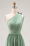 Green A Line One Shoulder Ruched Bridesmaid Dress with Slit