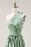 Green A Line One Shoulder Ruched Bridesmaid Dress with Slit