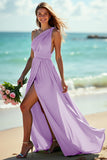 One Shoulder Ruched A Line Green Bridesmaid Dress With Slit