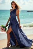 One Shoulder Ruched A Line Green Bridesmaid Dress With Slit
