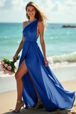 One Shoulder Ruched A Line Green Bridesmaid Dress With Slit