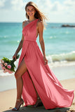 One Shoulder Ruched A Line Green Bridesmaid Dress With Slit