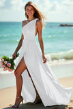 One Shoulder Ruched A Line Green Bridesmaid Dress With Slit