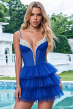 Royal Blue Tiered Tulle Spaghetti Straps Homecoming Dress