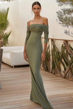 Dusty Sage Mermaid Ruched Off the Shoulder Long Formal Dress with Sleeves