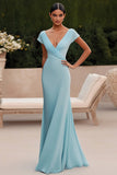 Sky Blue Mermaid V-Neck Long Formal Dress with Pleats