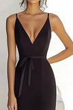 Black Sheath/Column V-Neck Formal Dress With Slit